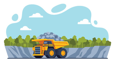 Flat vector of large mining dump truck transporting rocks from open-pit quarry, heavy industry and mineral extraction concept © meeblues
