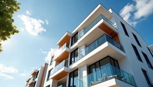 Modern white apartment building exterior with glass balconies and wooden accents. Contemporary residential architecture in urban setting. Newly constructed condo with sleek design and outdoor spaces.