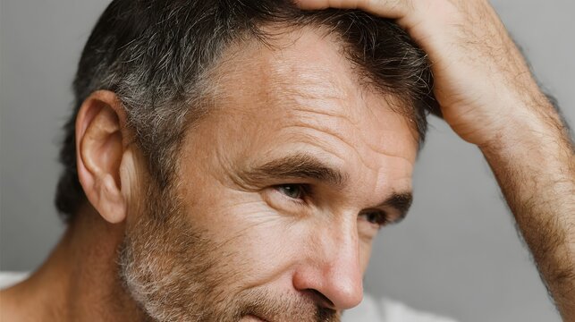 A thoughtful middle aged man touches his graying hair showing signs of concern and contemplation about aging