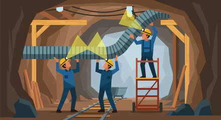 Flat vector of miners installing ventilation system underground, teamwork and engineering safety operation