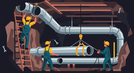 Flat vector of miners installing ventilation system underground, teamwork and engineering safety operation