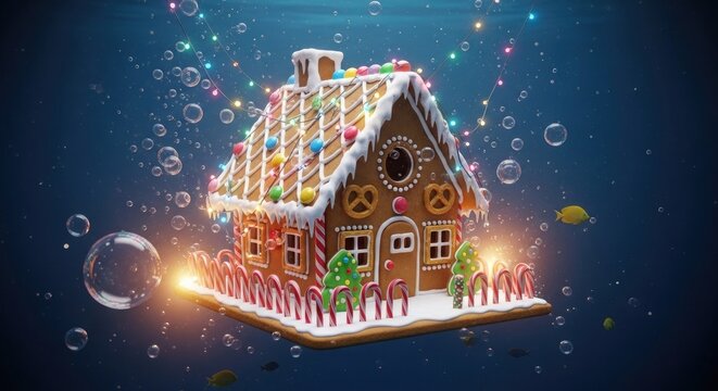 Gingerbread House Underwater Fairy Lights Sweet Festive Decoration Food Holiday Season Gingerbread Family Celebration Beautiful Ornamental Art Festive