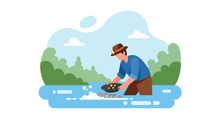 Flat vector of traditional gold miner panning for nuggets in river stream, historical mining process scene