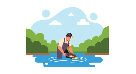 Flat vector of traditional gold miner panning for nuggets in river stream, historical mining process scene