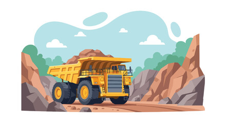 Flat vector of large mining dump truck hauling materials through rocky open-pit site, industrial transport scene © meeblues