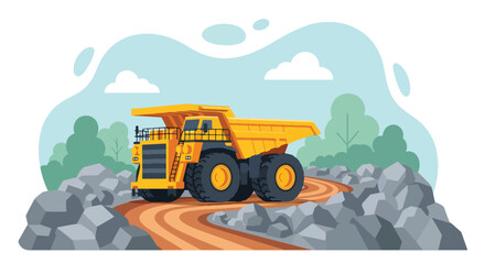 Flat vector of large mining dump truck hauling materials through rocky open-pit site, industrial transport scene © meeblues