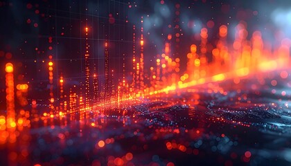 An abstract visualization displaying radiant, fiery data points rising from a blurred digital terrain with a grid overlay
