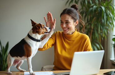 Woman in yellow sweater high fives dog in home office. Female freelancer works on laptop with dog. Pet, businesswoman fun together. Woman, dog happy. At wooden desk with laptop, papers.