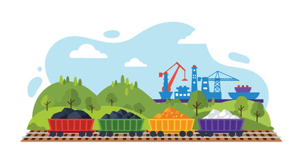 Flat vector of train transporting mined materials from quarry to port, industrial logistics and export theme