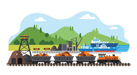 Flat vector of train transporting mined materials from quarry to port, industrial logistics and export theme