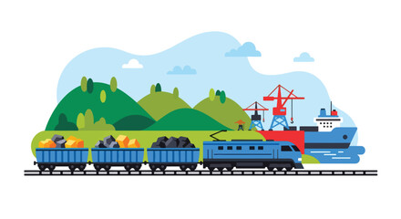 Flat vector of train transporting mined materials from quarry to port, industrial logistics and export theme