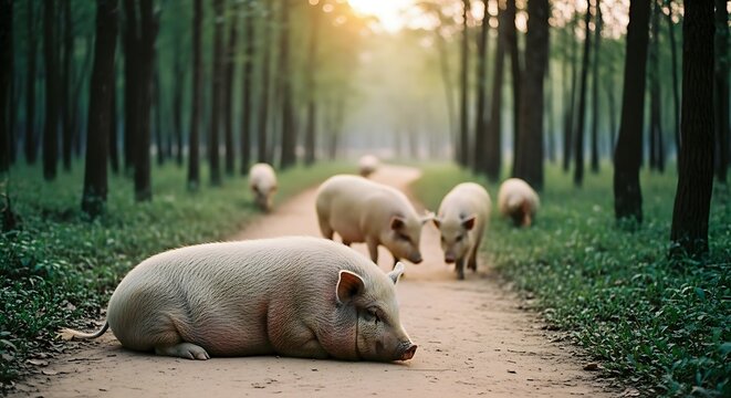 A Peaceful Pig Resting on a Dirt Path in a Sunlit Forest.