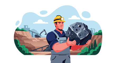 Flat vector portrait of coal miner holding mineral ore with pride, symbolizing strength, courage, and dedication