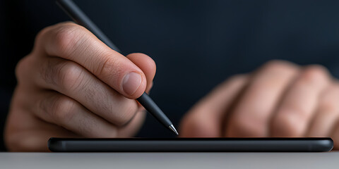 Close-up of hands using a stylus on a tablet. The composition focuses on the stylus interacting with the screen, set against a dark, blurred background. Focus on precision, modern technology.