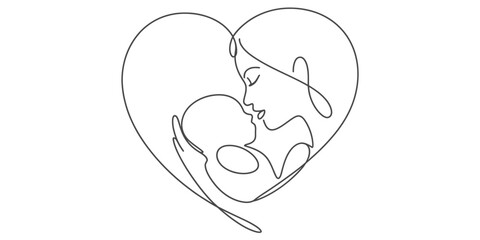 Continuous line art drawing of a mother holding her baby within a heart shape conveying love and connection vector