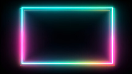 Glowing neon rectangle frame with rainbow gradient, Futuristic digital border with vibrant neon lights, Modern glowing frame for text or content on dark background