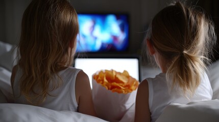 Two girls watch a screen while eating snacks in bed.