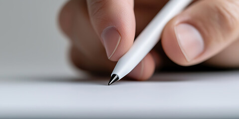 Close-up shot of a person's hand holding a sleek white pen, poised above a blank sheet of paper. The pen's tip is in focus, ready to write or draw, creating a sense of anticipation.