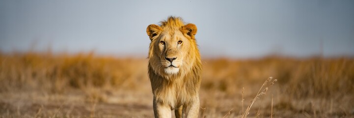 Obraz premium Full-body African lion walking to camera, golden mane, savannah leadership hero banner
