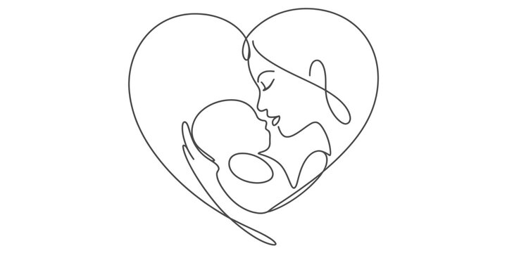 Continuous line art drawing of a mother holding her baby within a heart shape conveying love and connection vector