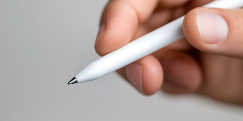 A hand holds a sleek, white stylus pen, poised for precision input.  Its minimalist design and fine tip suggest creativity and tech integration in a modern digital space.
