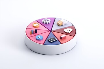 A colorful pie chart with different 3D icons, demonstrating various concepts and data