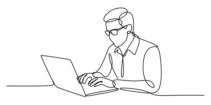 Continuous one line drawing of a person wearing glasses working on a laptop vector