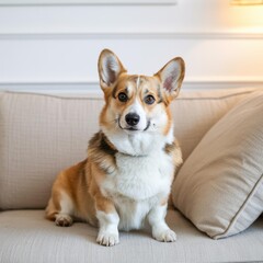 Tricolor Pembroke Corgi on beige sofa, cozy home pet lifestyle banner