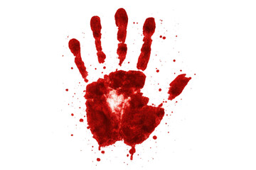 Red bloody handprint creating a disturbing effect. Spreading blood splatters, depicting concepts of crime, murder, thriller, and horror