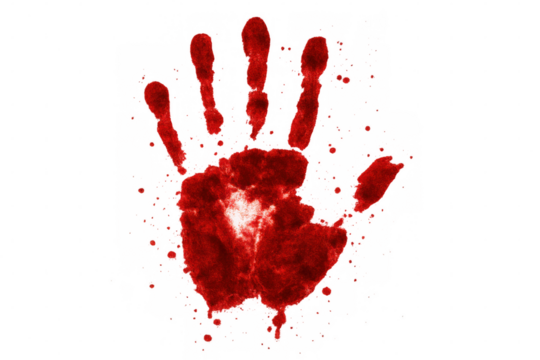 Red bloody handprint creating a disturbing effect. Spreading blood splatters, depicting concepts of crime, murder, thriller, and horror