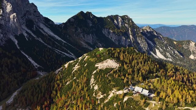 Aerial scenic view of the Julian Alps near Vrsic Pass, the highest mountain pass in Slovenia, Europe