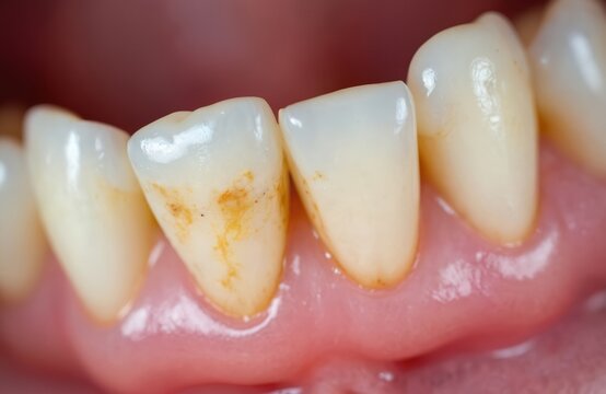Closeup of human teeth with yellow stains and discoloration on front teeth. Dental health issue with enamel damage and oral hygiene problem. Dirty teeth with plaque and tartar buildup.