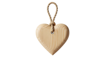 Wooden heart ornament with rope isolated on transparent background for decoration