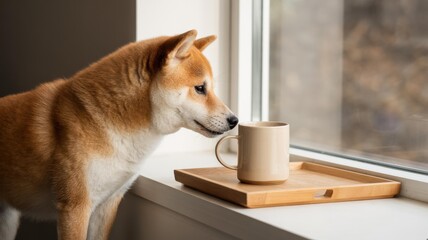 Shiba Inu Sniffing Mug on Windowsill — Cozy Morning, Copy Space