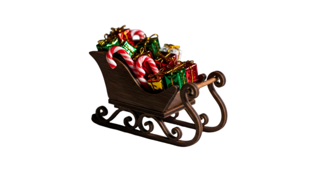 Isolated on transparent background, a miniature christmas sleigh with presents