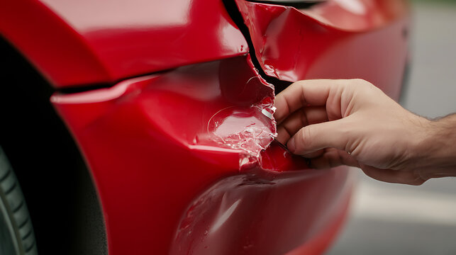 Inspecting damage on a red automobile: a hand carefully assesses a large dent, paint chips, and the impact zone, highlighting the aftermath of a collision or mishap. #car #damage #accident