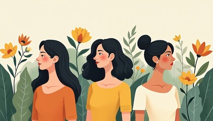 Three women profiles with diverse hairstyles stand in blooming flowers, foliage. Embody health, wellness, natural vitality, representing holistic approach to life. Serene expressions suggest inner