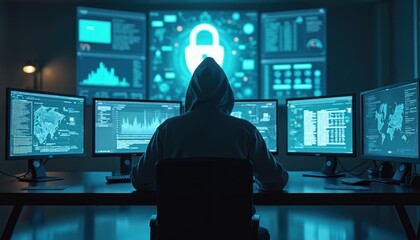Hooded figure works on computers with glowing screens showing data. Cybersecurity expert guards network systems from digital threats. Futuristic high tech office with multiple monitors.