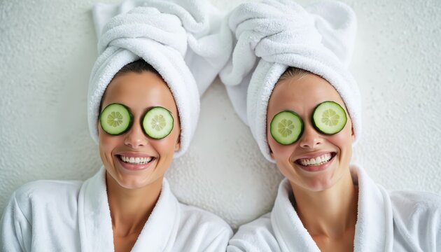 Two smiling women with towels on heads and cucumber slices on eyes wear white robes. They relax at a spa after facial treatments enjoying peaceful moments together during pampering session.