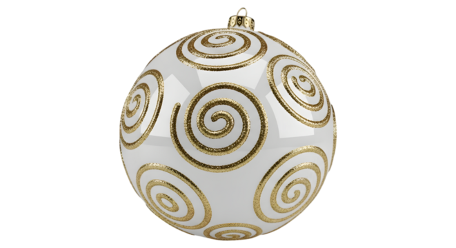 White christmas ball with gold spiral design isolated on transparent background