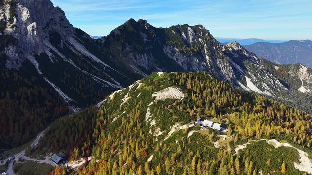 Aerial scenic view of the Julian Alps near Vrsic Pass, the highest mountain pass in Slovenia, Europe	