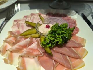 Delicious sliced meat on a plate with herbs