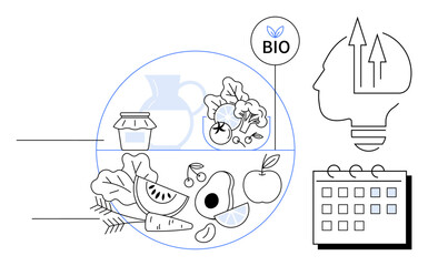 Healthy food items thumbs up fruits, vegetables, jams, grains, and a water jug surrounded by symbols of mindfulness, progress, and calendar planning. Ideal for wellness, nutrition sustainability