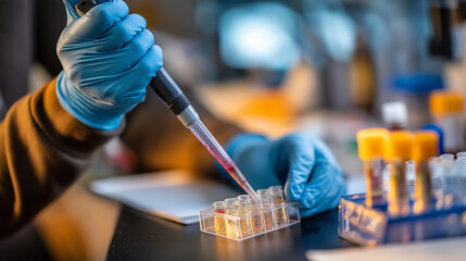 Gloved hands pipetting blood sample into analysis tube face obscured by work precision laboratory technique clinical testing medical diagnostics laboratory supplies visible