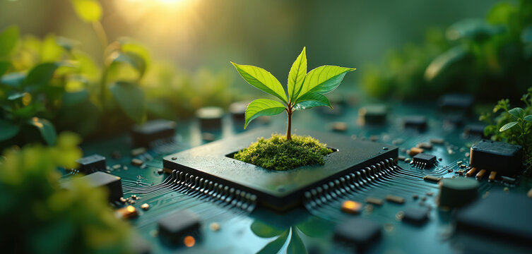 Small green plant grows from moss on computer chip. Circuit board with electronic components and lush foliage surrounds. Sunlight filters through leaves, symbolizing nature tech fusion.