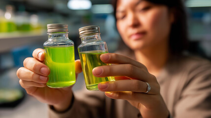 Hands holding flasks containing green algae cultures face not visible environmental biotechnology photosynthesis research laboratory cultivation bright green solutions