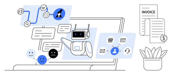 Robot assisting in business communication, customer support, chat analysis, workload automation, and invoice management. Ideal for AI tools, business support, workflow optimization, technological