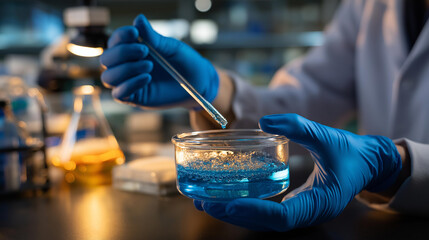 Hands preparing agarose gel face obscured molecular biology technique laboratory bench work blue gloves scientific method equipment visible defocused with copy space