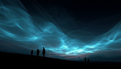 Fototapeta premium Silhouettes admire mesmerizing blue light waves in a nighttime landscape, creating a mystical and serene atmosphere.
