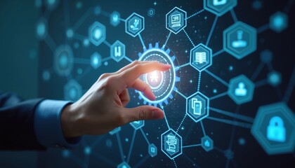 Hand touches digital interface representing tech innovation. Person interacting with futuristic network of connected icons. Business concept support security. System integration concept of cloud